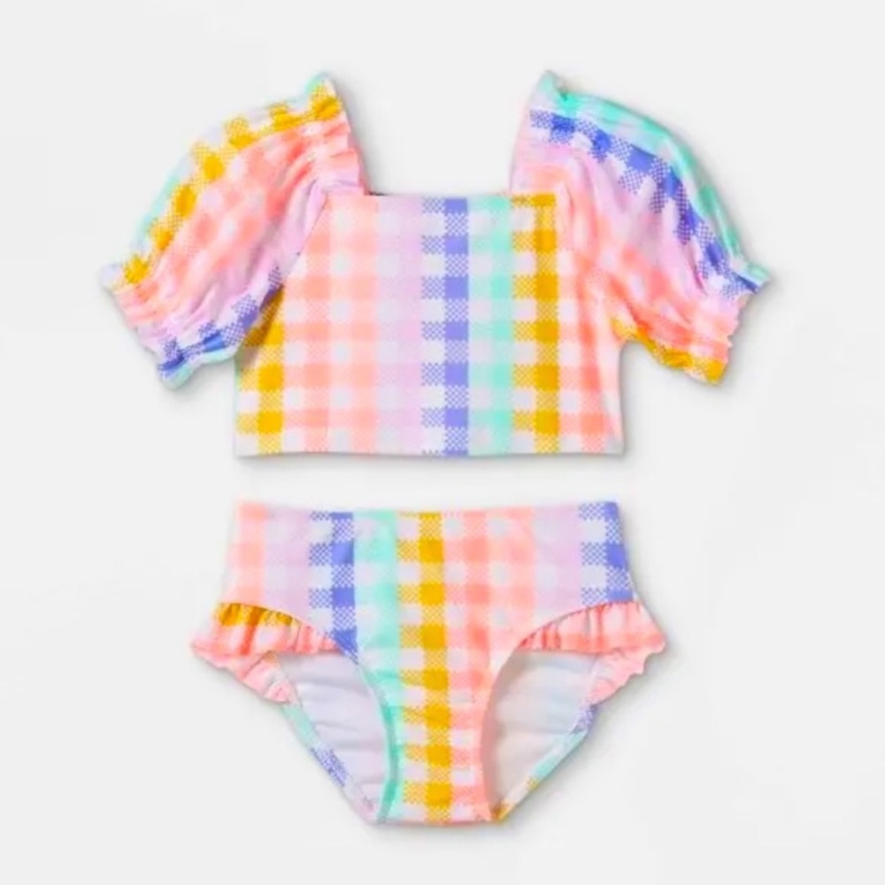 Cat & Jack Gingham Two Piece Swimsuit Swim Tankini Bikini Baby Girl Toddler